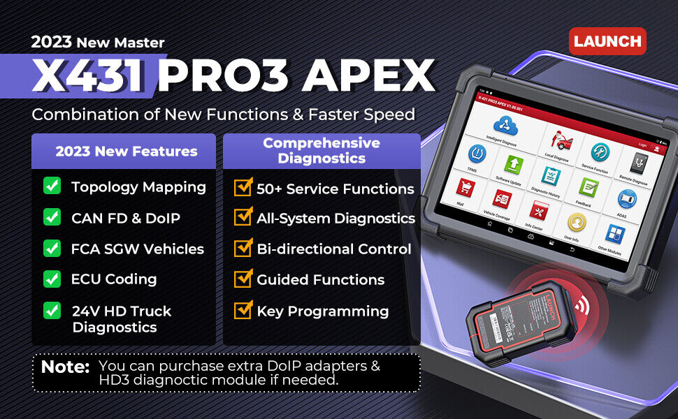 LAUNCH X431 PRO3 APEX Profi KFZ Scan Tool OBD2 Diagnosegerät Auto Scanner Online ECU Codierung Topologiekarte CAN FD & DoIP All-System Diagnostic