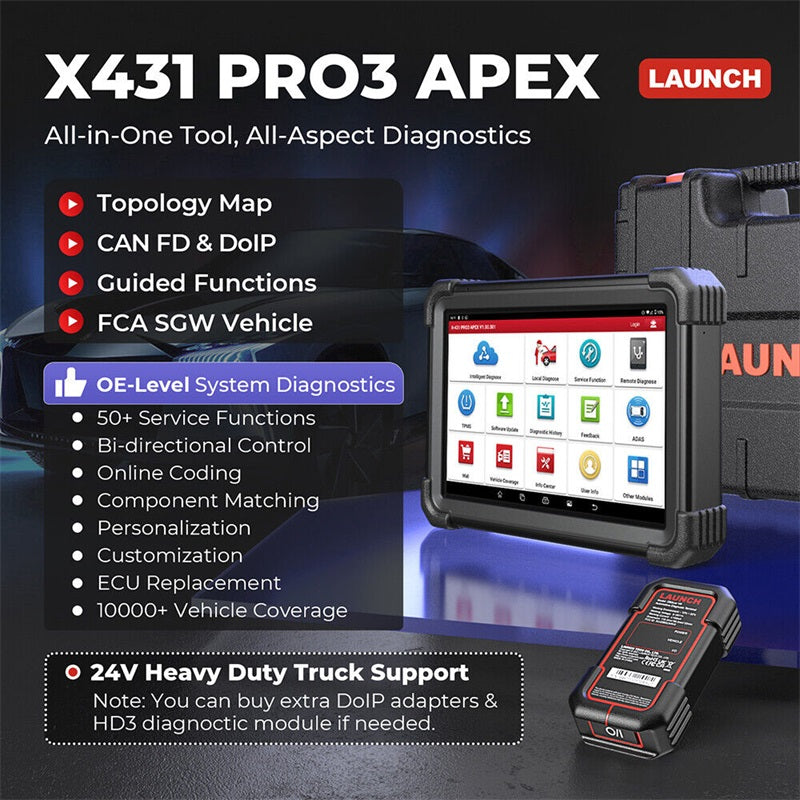 LAUNCH X431 PRO3 APEX Profi Vehicle Scan Tool OBD2 Diagnostic Device Auto Scanner Online ECU Coding TopologyMap CAN FD&DoIP All-System Diagnostic